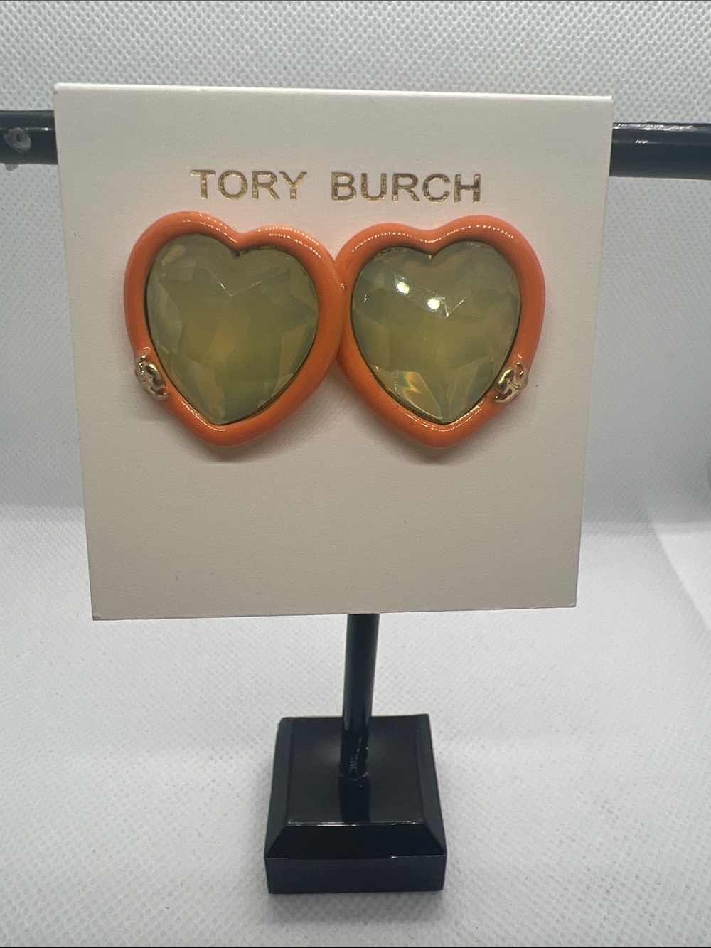 Tory Burch Orange Enamel Heart Earrings with Olive Faceted Stones
